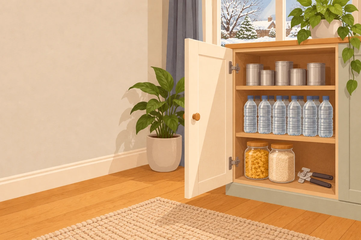 Illustration of an open larder cupboard with tins, bottled water, jars and a tin opener