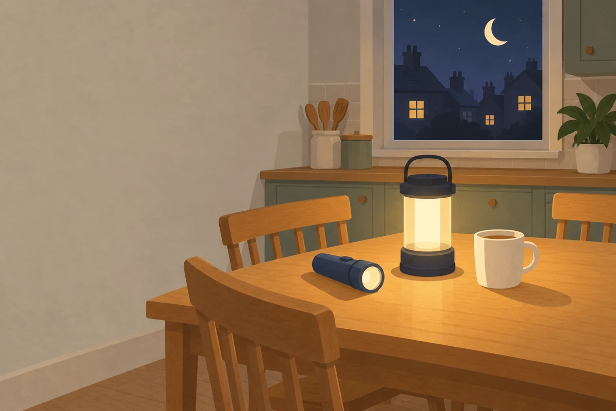Illustration of a kitchen table at night during a power cut, with a battery lantern, a torch and a mug of tea