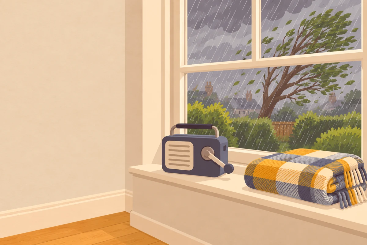 Illustration of a window on a stormy day, with a wind-up radio and a folded blanket on the sill