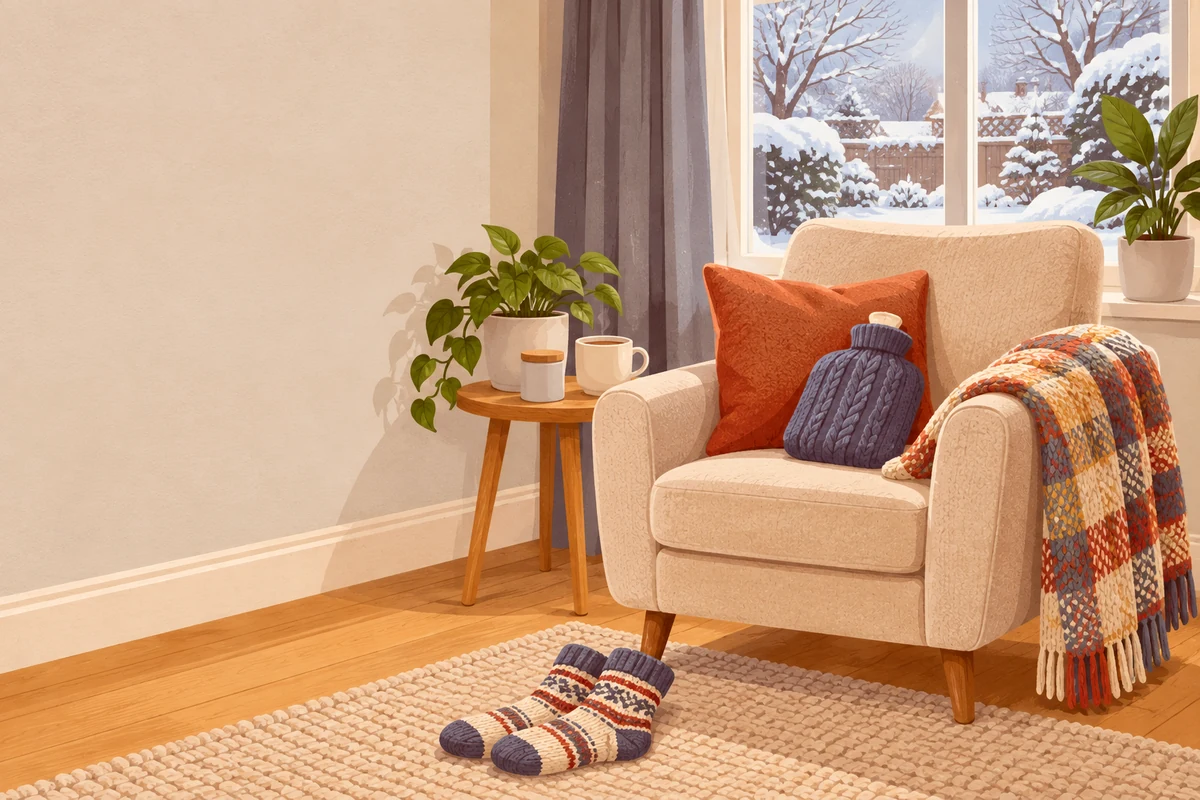 Illustration of a cosy armchair in winter, with a knitted blanket, a hot-water bottle and thick socks